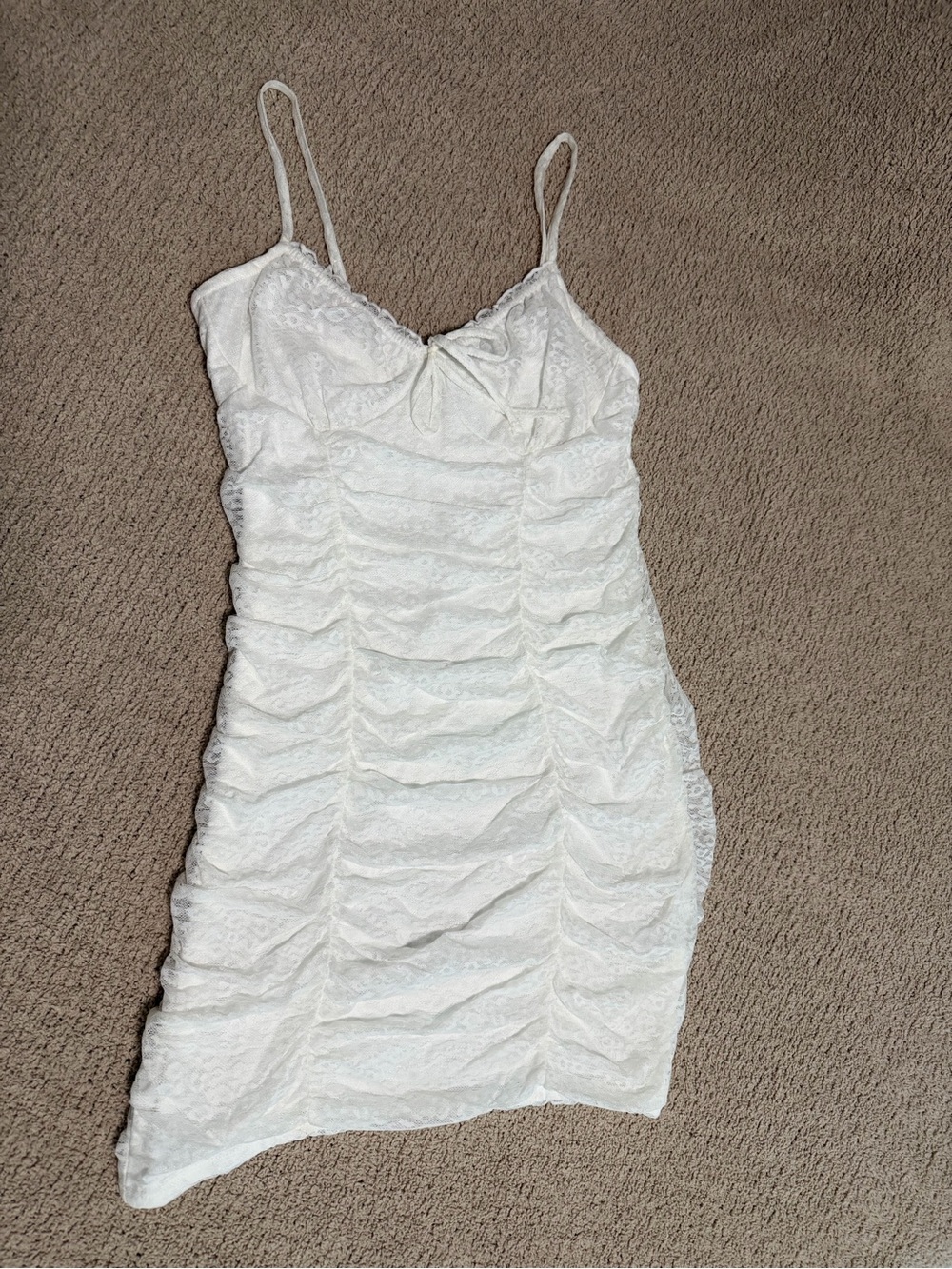 H&M White Lace Ruched Mini Dress with Spaghetti Straps